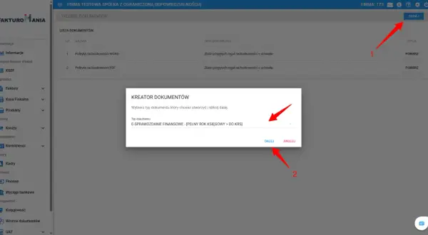 Okno dialogowe "Kreator dokumentów" z zaznaczonym typem dokumentu "E-sprawozdanie finansowe".