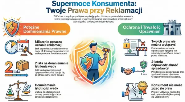 Supermoce konsumenta: prawa przy reklamacji. Grafika przedstawia prawa konsumenta, np. 2 lata odpowiedzialności sprzedawcy, milczenie oznacza uznanie reklamacji.