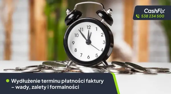 Budzik na stosie monet symbolizuje potrzebę prolongaty terminu płatności faktury.