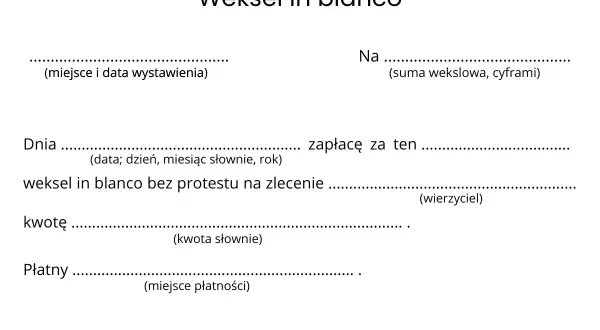 Formularz weksla in blanco do wypełnienia, zawierający pola na miejsce i datę wystawienia, sumę wekslową, datę, kwotę słownie, miejsce płatności i podpis wystawcy.