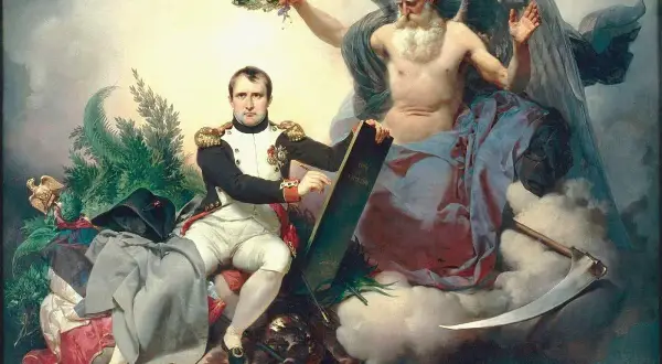 Napoleon, w otoczeniu symboli władzy, prezentuje dzieło swojego życia – Kodeks Napoleona. Obok niego siedzi alegoryczna postać z kosą i wieńcem laurowym.