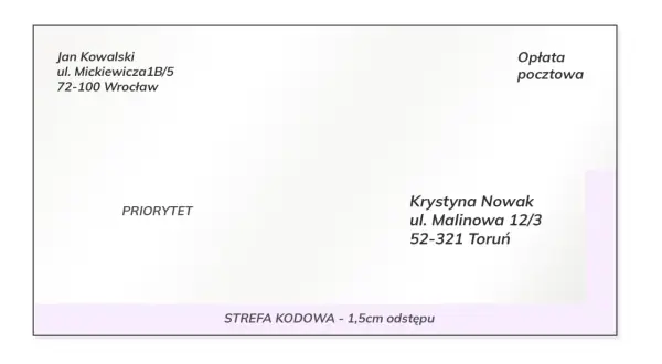 Adresat Krystyna Nowak, nadawca Jan Kowalski. Koperta z danymi adresowymi i oznaczeniem priorytetu.