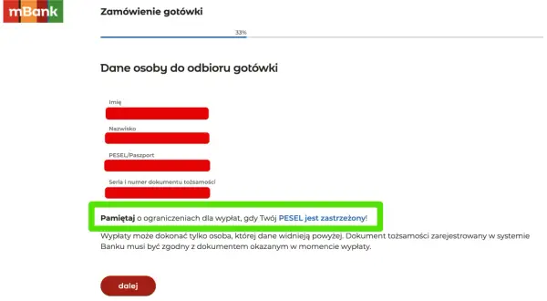 Formularz zamówienia gotówki w mBanku. Wpisz dane, pamiętaj, że Twój PESEL jest zastrzeżony!