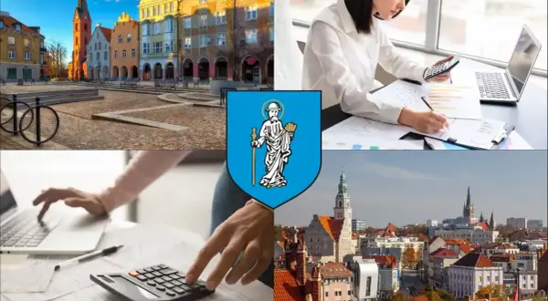 Kolaż: Rynek w Olsztynie, kobieta z kalkulatorem i laptopem, herb miasta, panorama Olsztyna.