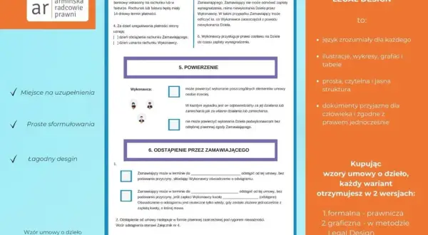 Wzór umowy o dzieło w wersji Legal Design: przejrzyste zasady, jasne sformułowania i przyjazny design.