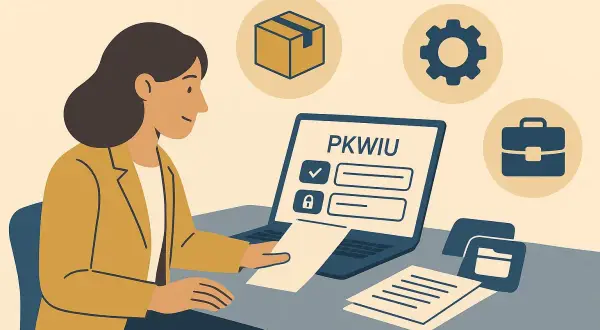Kobieta przy laptopie z ikonami firmy, dokumentów i skrzynki.