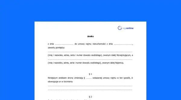 Aneks do umowy najmu nieruchomości. Dokument zawiera dane stron i postanowienia zmieniające umowę.