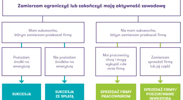 Schemat planowania sukcesji firmy: czy masz sukcesorów, środki na emeryturę, czy pracownicy chcą wykupić firmę? Sukcesja co to, zależy od tych czynników.