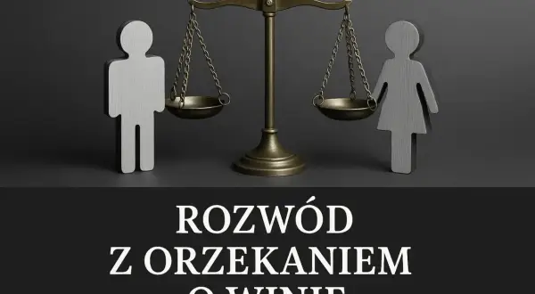 Symboliczne figury kobiety i mężczyzny obok wagi szalkowej. Temat: rozwód z orzeczeniem o winie.