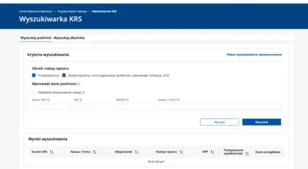 Wyszukiwarka KRS pozwala znaleźć informacje o firmie, jej dane rejestrowe, NIP, REGON i inne szczegóły.