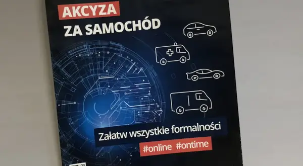 Banderola z napisem "AKCYZA ZA SAMOCHÓD" i ikonami pojazdów. Hasło "Załatw wszystkie formalności #online #ontime".