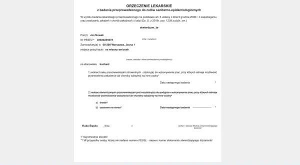 Orzeczenie lekarskie dla Jana Nowaka, kucharza, zamieszkałego w Warszawie, ul. Jasna 1. Badanie sanitarne-epidemiologiczne.