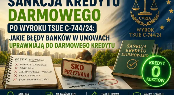 Sankcja kredytu darmowego po wyroku TSUE C-744/24. Lista błędów banków w umowach, które uprawniają do darmowego kredytu.