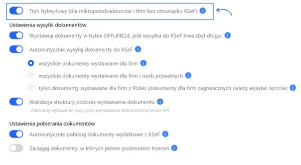 Ustawienia KSeF dla mikroprzedsiębiorcy: tryb hybrydowy, automatyczna wysyłka i pobieranie dokumentów.