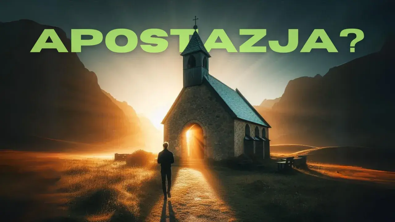 Człowiek idzie w stronę kościoła o zachodzie słońca. Napis "APOSTAZJA?" sugeruje rozważania nad odejściem od wiary.