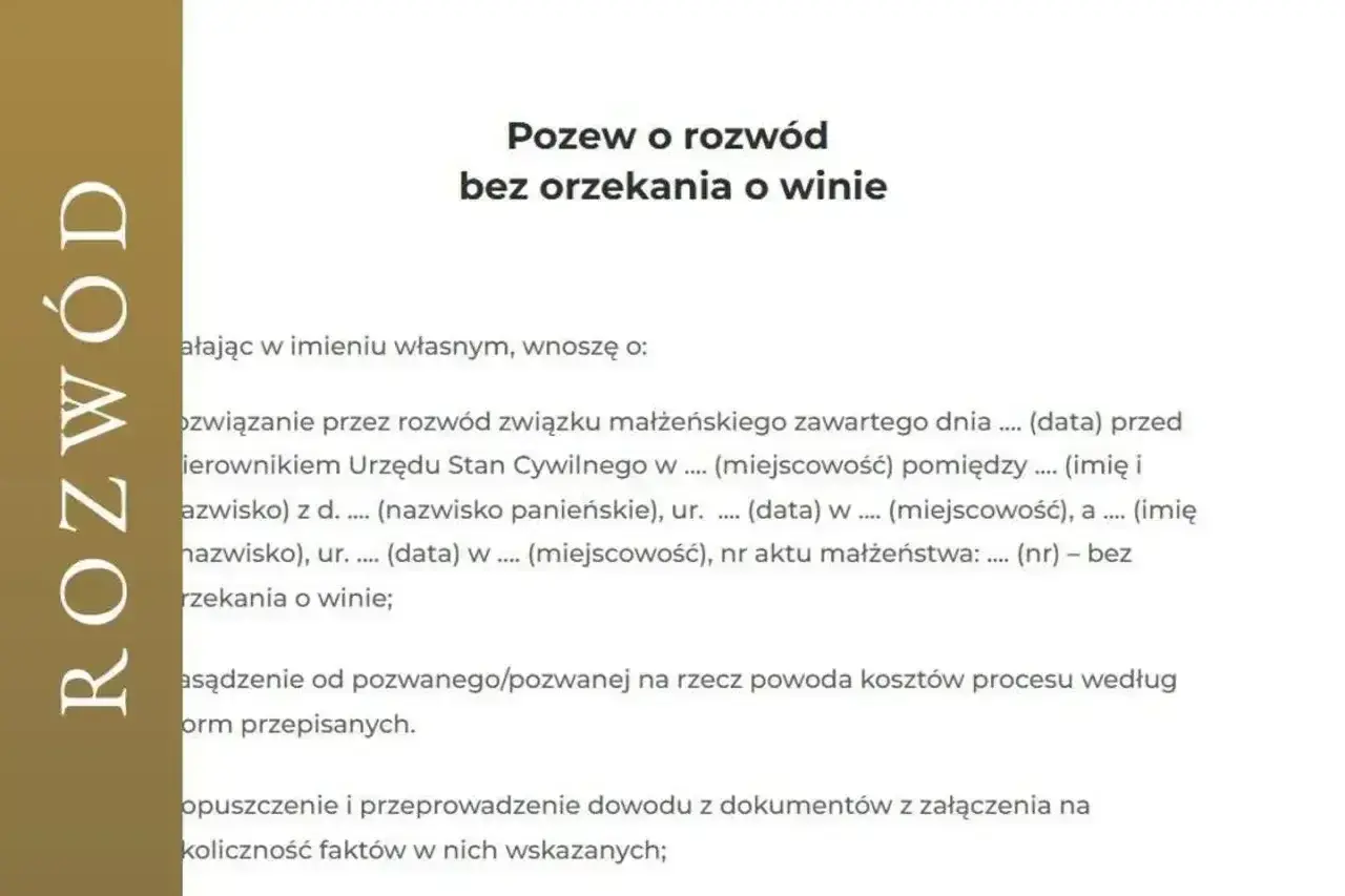 Pozew o rozwód bez orzekania o winie. Dokument zawiera dane małżonków, datę ślubu i prośbę o rozwiązanie związku.