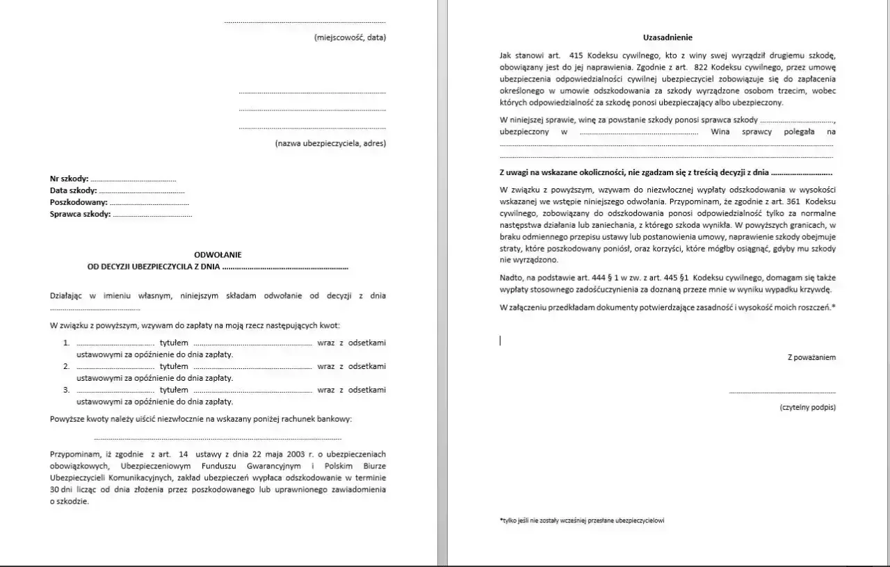 Odwołanie od decyzji ubezpieczyciela, wzywające do zapłaty odszkodowania wraz z odsetkami. Dokument zawiera uzasadnienie prawne i dane dotyczące szkody.