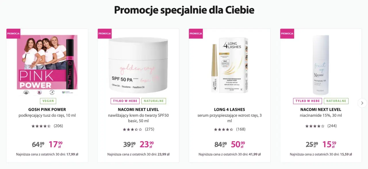 Promocje kosmetyków: tusz GOSH, krem Nacomi SPF50, serum do rzęs Long 4 Lashes, serum z niacynamidem Nacomi. Zgodnie z dyrektywą Omnibus, podane ceny są najniższymi z ostatnich 30 dni.