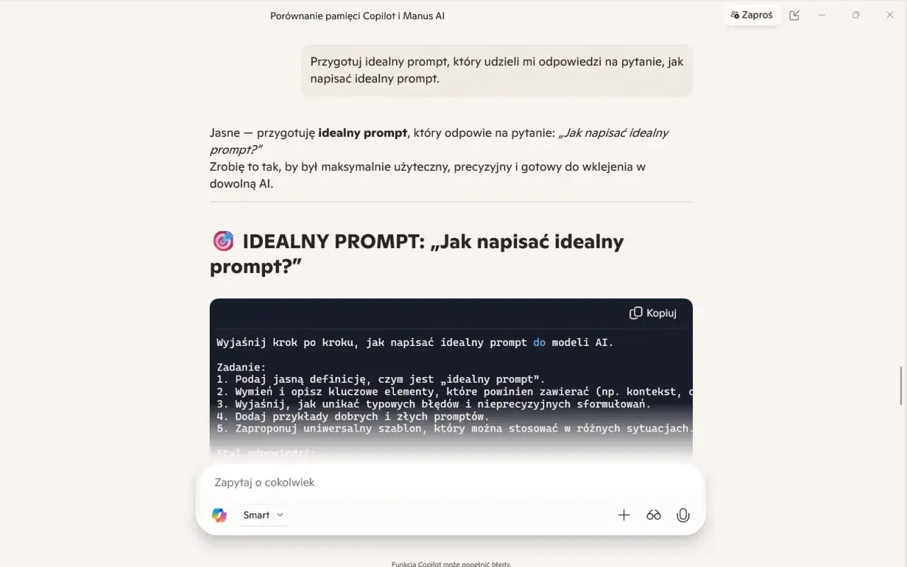 AI przygotowuje **rzekomo** idealny prompt, by nauczyć, jak pisać skuteczne zapytania do modeli AI. Wyjaśnia definicję, elementy, błędy i podaje przykłady.