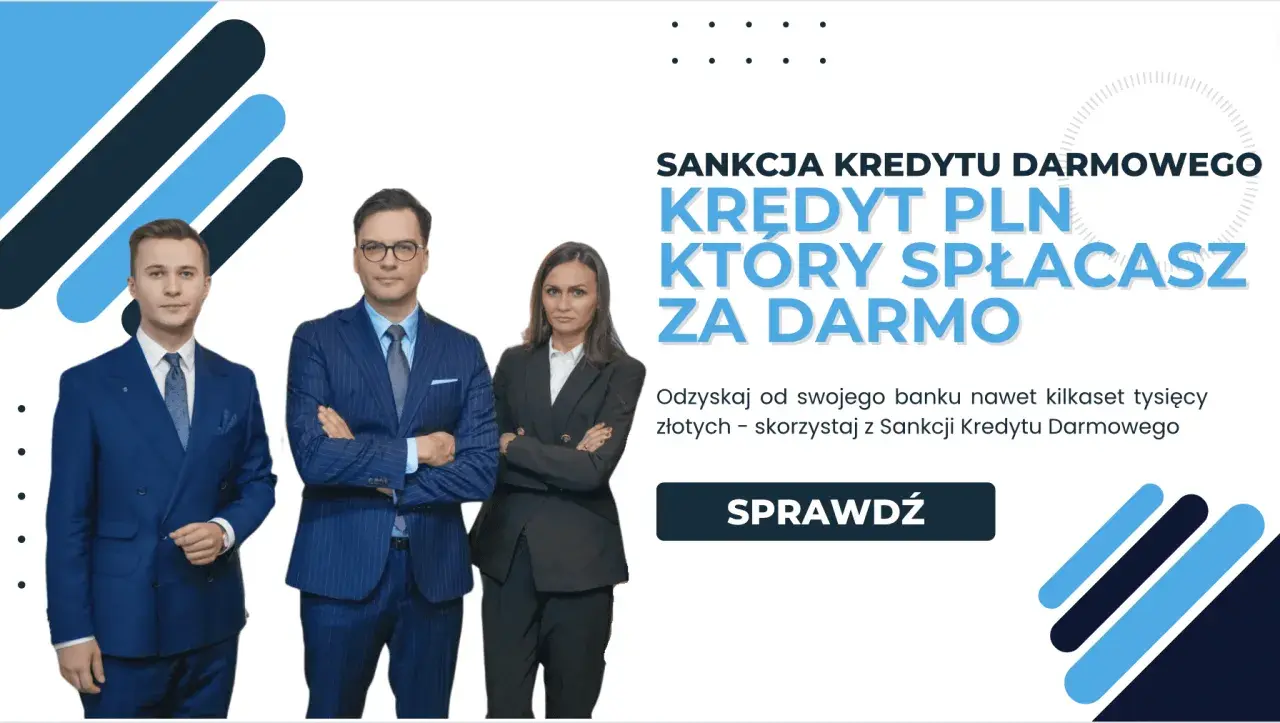 Trzy osoby w garniturach, reklama "Sankcja Kredytu Darmowego" - kredyt PLN, który spłacasz za darmo.