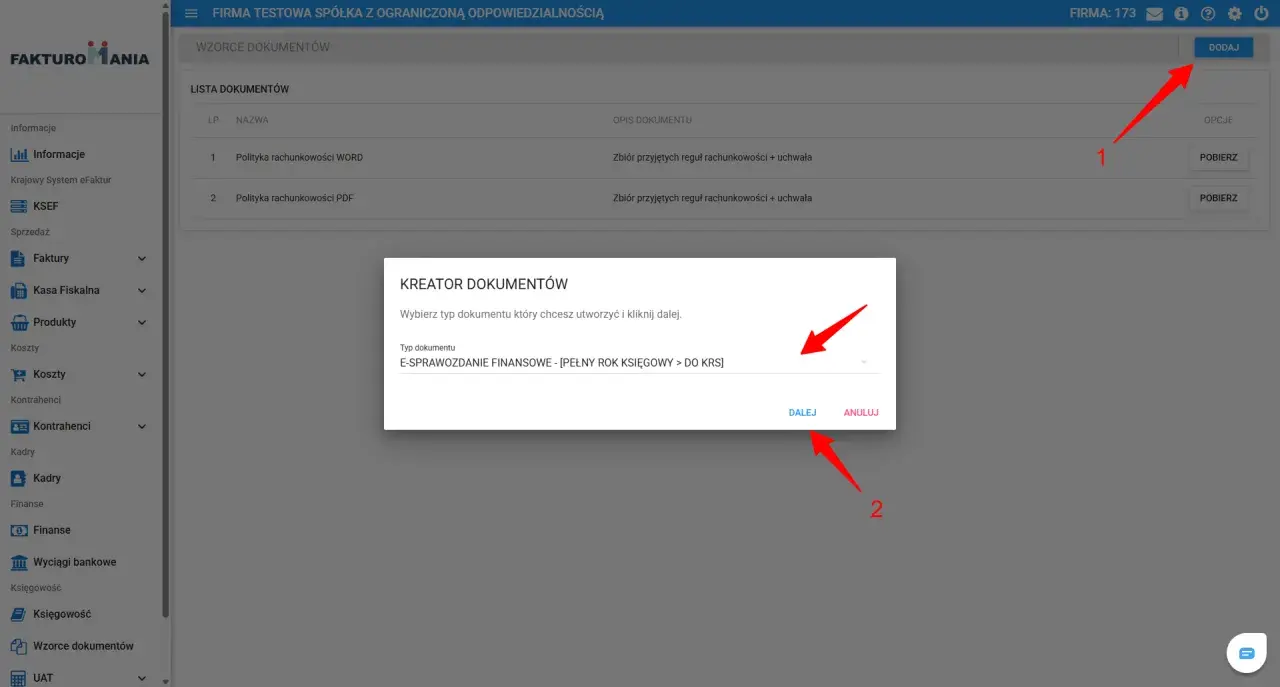 Okno dialogowe "Kreator dokumentów" z zaznaczonym typem dokumentu "E-sprawozdanie finansowe".