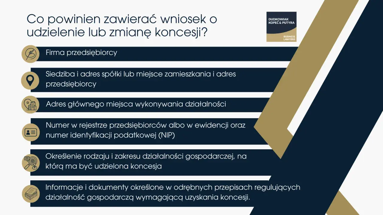 Wniosek o koncesję wymaga danych firmy, adresów, numerów identyfikacyjnych, określenia działalności i dokumentów zgodnych z **reglamentacją**.