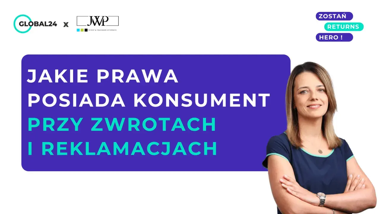 Kobieta z uśmiechem i napis "Jakie prawa posiada konsument przy zwrotach i reklamacjach". Dowiedz się o swoich prawach konsumenta.