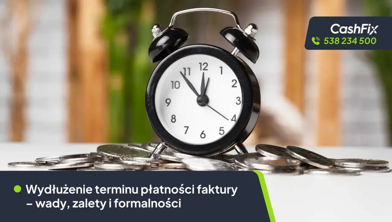 Budzik na stosie monet symbolizuje potrzebę prolongaty terminu płatności faktury.