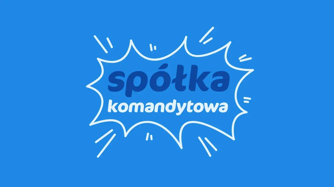 Biały dymek z tekstem "spółka komandytowa skrót" na niebieskim tle.