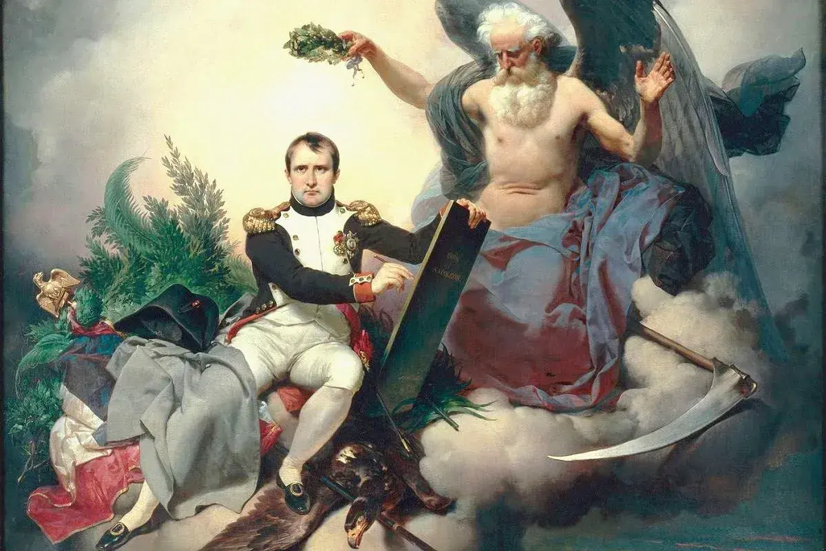 Napoleon, w otoczeniu symboli władzy, prezentuje dzieło swojego życia – Kodeks Napoleona. Obok niego siedzi alegoryczna postać z kosą i wieńcem laurowym.