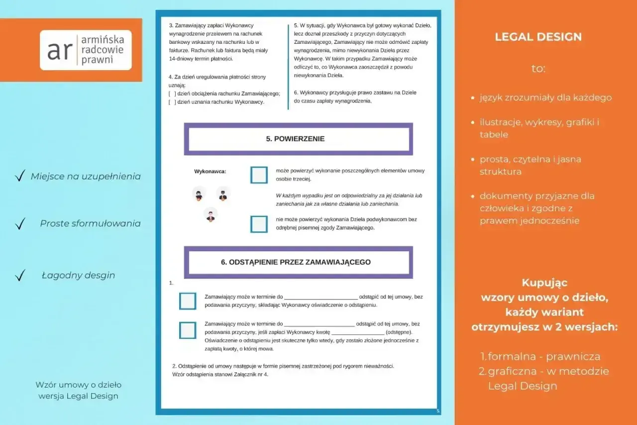 Wzór umowy o dzieło w wersji Legal Design: przejrzyste zasady, jasne sformułowania i przyjazny design.