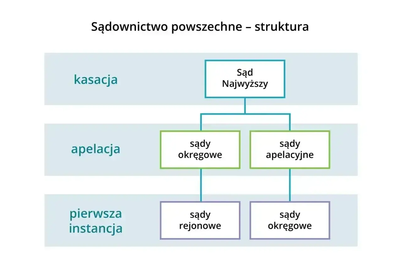 Schemat struktury sądownictwa: kasacja wyroku co to? Sąd Najwyższy, sądy apelacyjne, okręgowe i rejonowe.