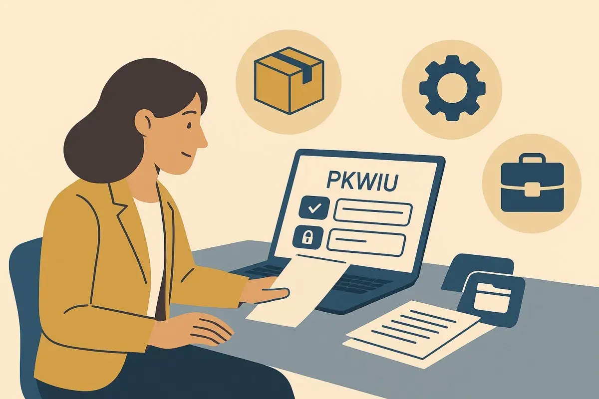 Kobieta przy laptopie z ikonami firmy, dokumentów i skrzynki.
