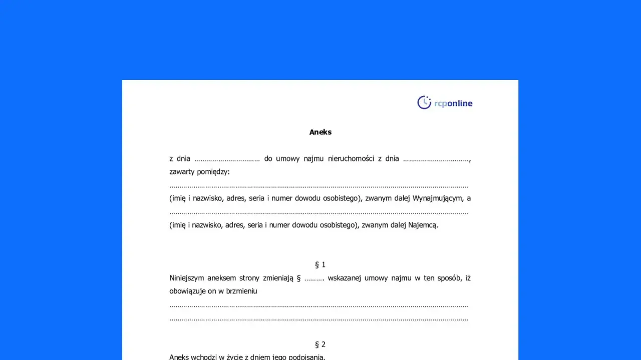 Aneks do umowy najmu nieruchomości. Dokument zawiera dane stron i postanowienia zmieniające umowę.