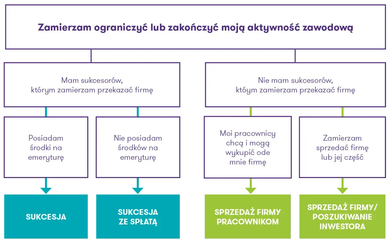 Schemat planowania sukcesji firmy: czy masz sukcesorów, środki na emeryturę, czy pracownicy chcą wykupić firmę? Sukcesja co to, zależy od tych czynników.