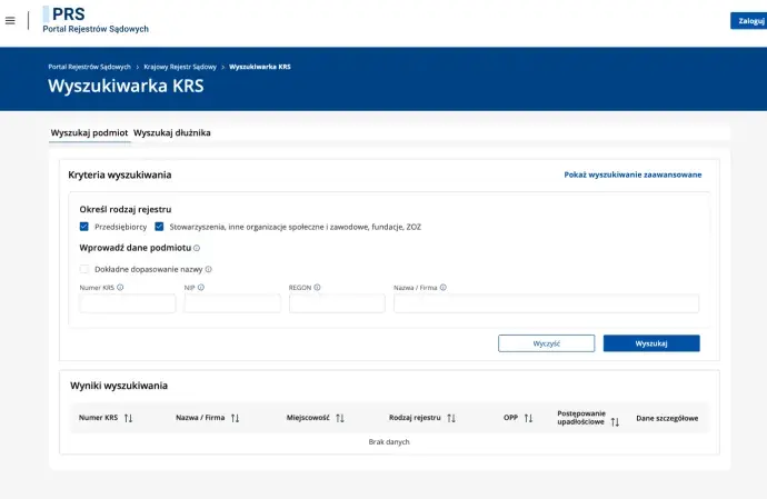 Wyszukiwarka KRS pozwala znaleźć informacje o firmie, jej dane rejestrowe, NIP, REGON i inne szczegóły.