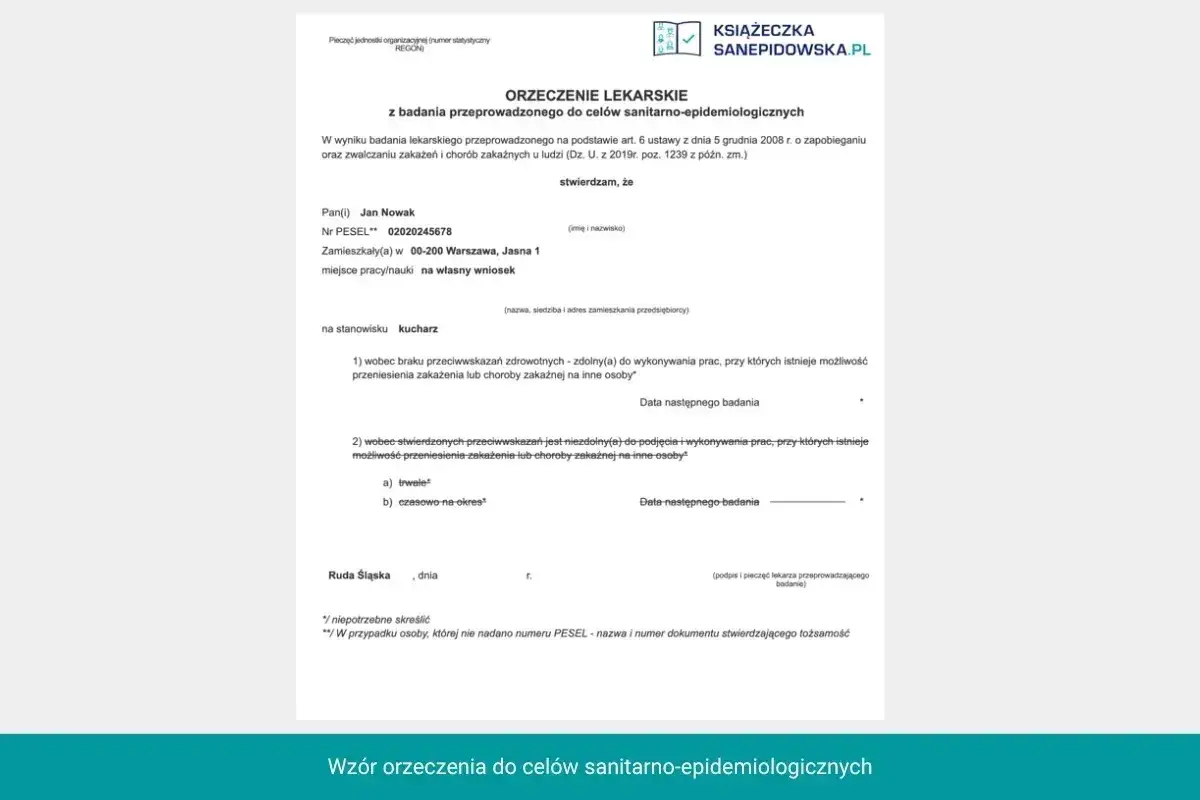 Orzeczenie lekarskie dla Jana Nowaka, kucharza, zamieszkałego w Warszawie, ul. Jasna 1. Badanie sanitarne-epidemiologiczne.