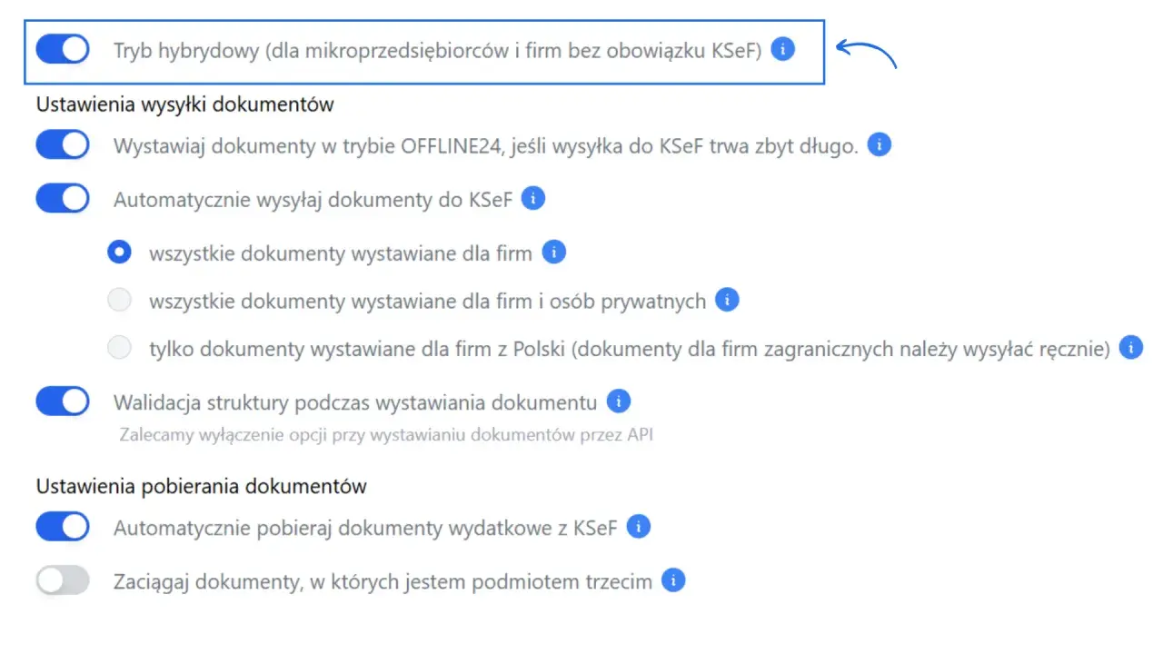 Ustawienia KSeF dla mikroprzedsiębiorcy: tryb hybrydowy, automatyczna wysyłka i pobieranie dokumentów.