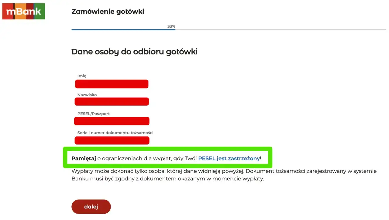 Formularz zamówienia gotówki w mBanku. Wpisz dane, pamiętaj, że Twój PESEL jest zastrzeżony!