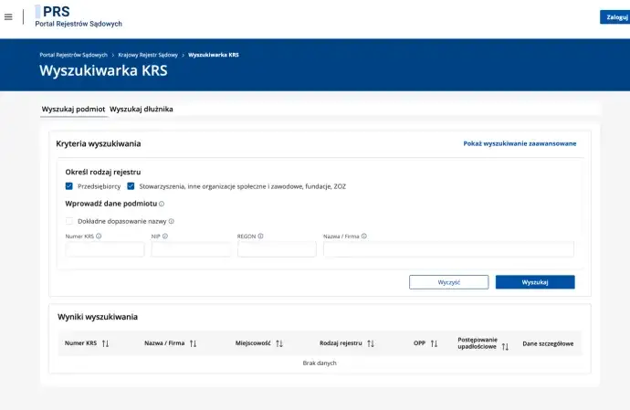 Wyszukiwarka KRS pozwala znaleźć informacje o firmie, jej dane rejestrowe, NIP, REGON i inne szczegóły.