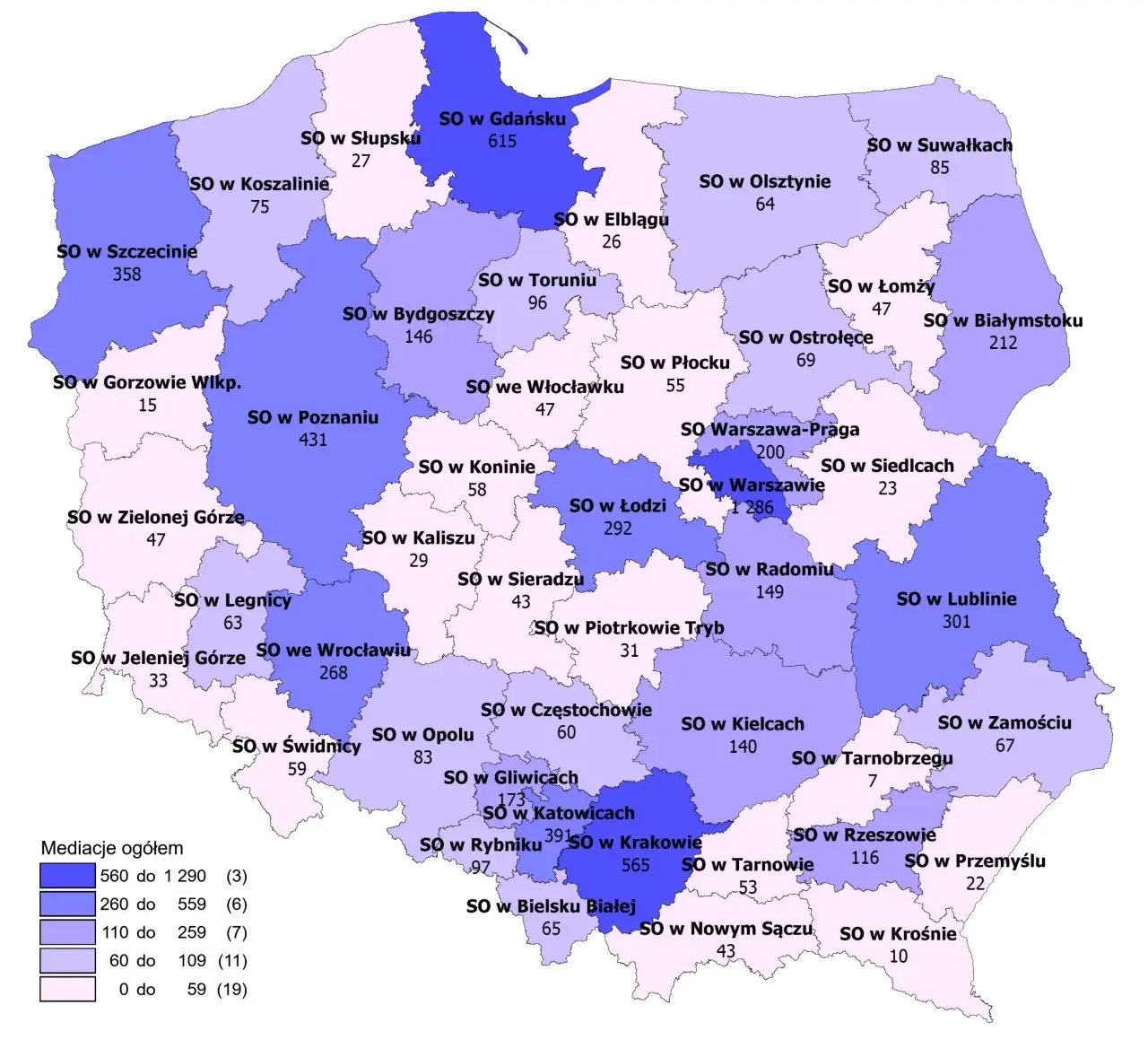 Mapa Polski z zaznaczonymi sądami okręgowymi