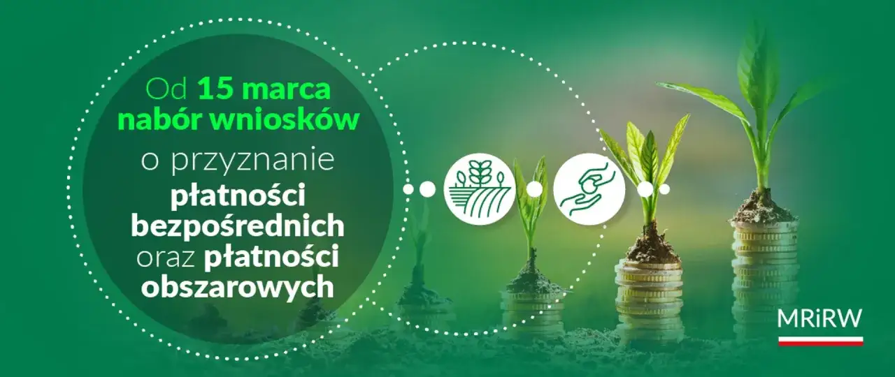 Od 15 marca nabór wniosków o dopłaty. Rośliny wyrastające ze stosów monet symbolizują rozwój dzięki wsparciu.