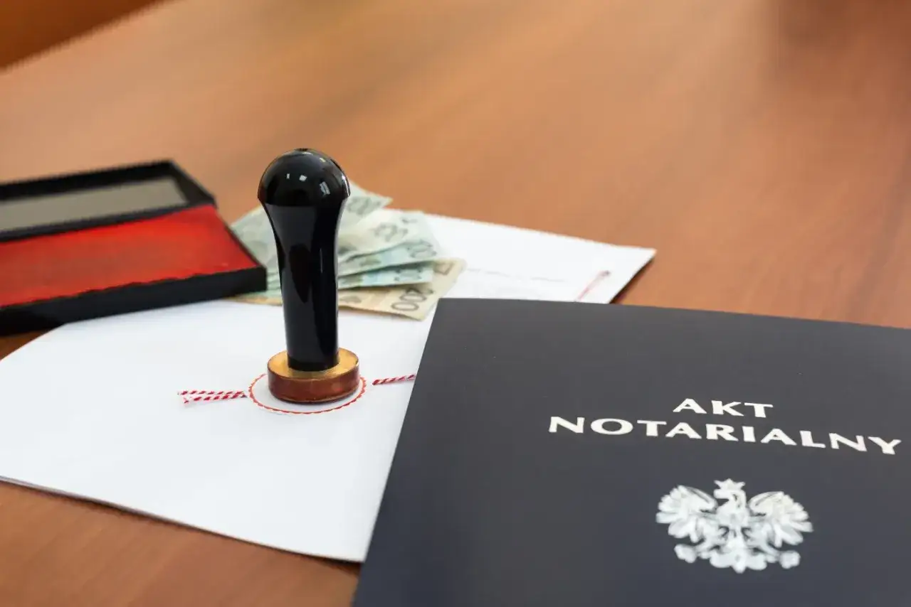 Stempel notarialny, pieniądze i akt notarialny na biurku. Dokumenty czekają na pieczęć, która potwierdzi prawo własności, czyli dominium.
