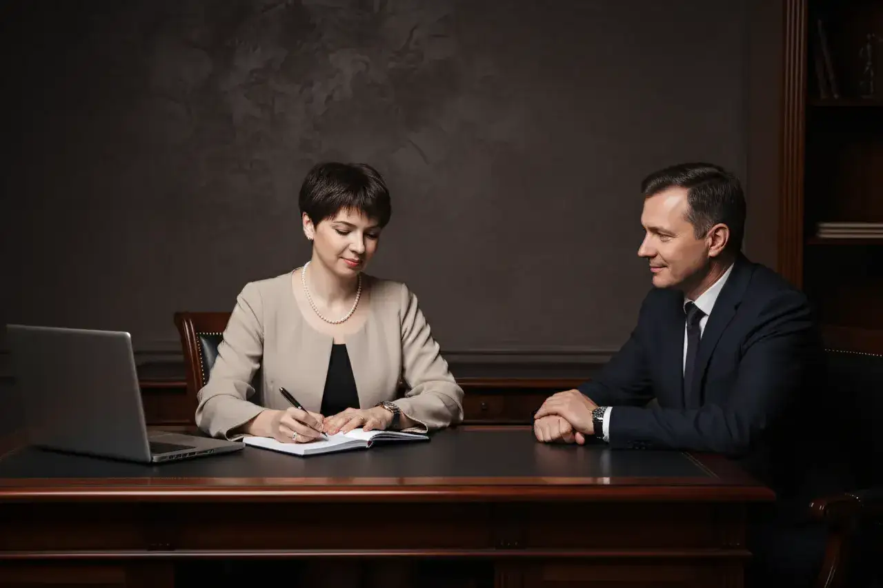 Kobieta w perłach pisze w notatniku, mężczyzna w garniturze patrzy na nią z uśmiechem. Rozmowa o ważnym depozycie.