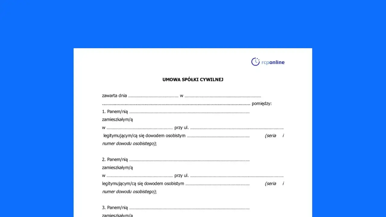 Umowa spółki cywilnej. Formularz do wypełnienia danych wspólników, ich adresów i numerów dowodów osobistych. To może być pierwszy krok do rejestracji w KRS.