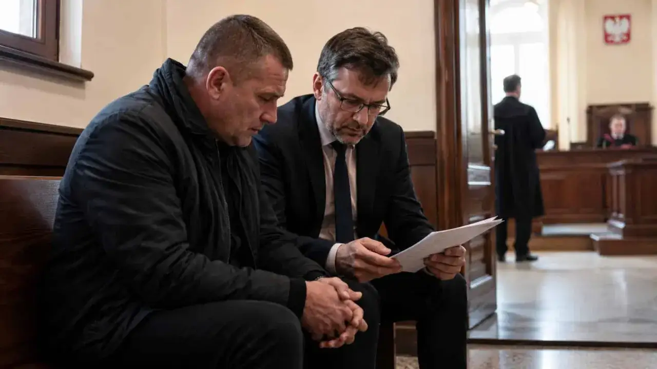Dwóch mężczyzn w sądzie, jeden w czarnej kurtce, drugi w garniturze, analizuje dokumenty. Czy to odwieszenie wyroku kiedy do więzienia?