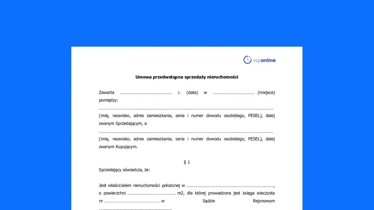 Umowa przedwstępna sprzedaży nieruchomości. Dokument zawiera pola do wpisania danych stron, daty, miejsca zawarcia umowy, a także oświadczenie sprzedającego. Jest to pierwszy krok do finalizacji transakcji, często wiążący się z wpłatą zadatku.