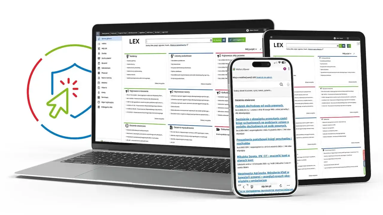 Ekran laptopa, tabletu i telefonu z widokiem na portal prawniczy LEX. Widoczny jest m.in. regulamin i wyszukiwarka.
