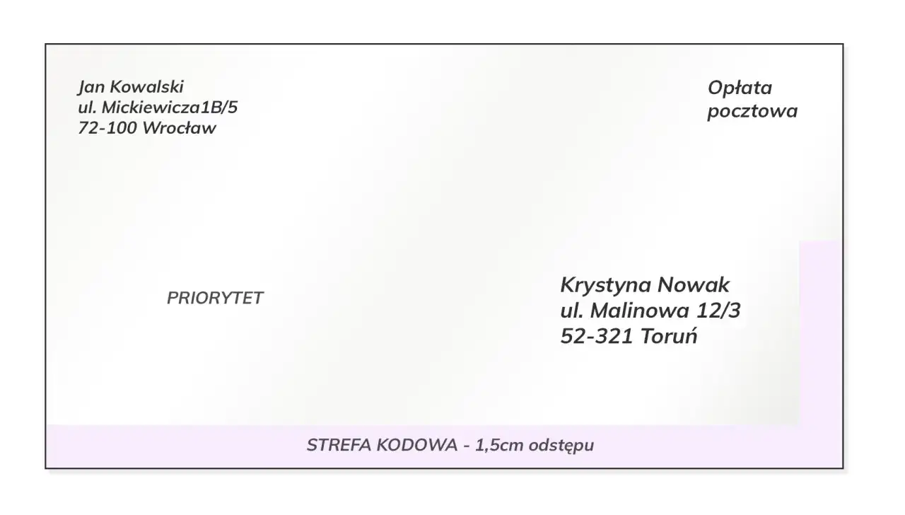 Adresat Krystyna Nowak, nadawca Jan Kowalski. Koperta z danymi do wysyłki i opłatą pocztową.