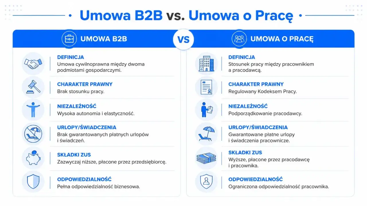 Porównanie umowy B2B vs. umowy o pracę: definicja, charakter prawny, niezależność, urlopy, składki ZUS i odpowiedzialność. Dowiedz się, b2b co to jest.